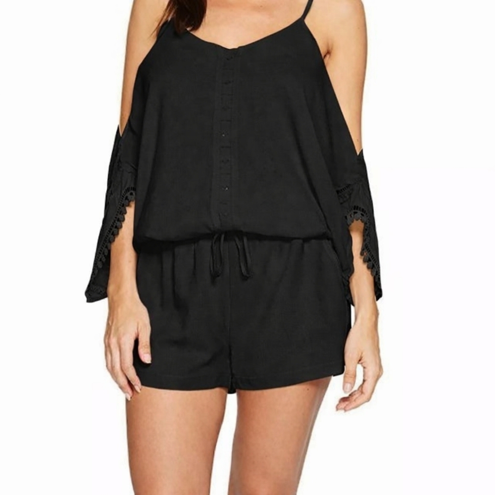 HALE BOB Womens Fine Vines Blouson Cold-Shoulder Romper in black in XS